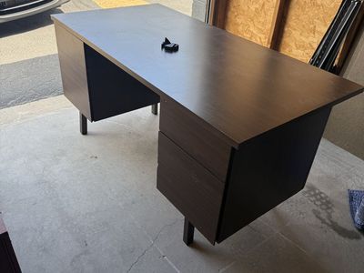 Dark Brown Wood Finish Office Desk with Drawers - Mid-Century Style