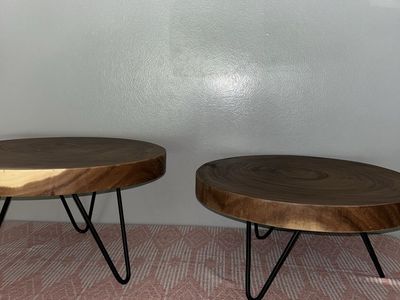 Natural Solid Wood And Black Metal Cake Plate Riser by East at Main set of 2 - $65 OBO