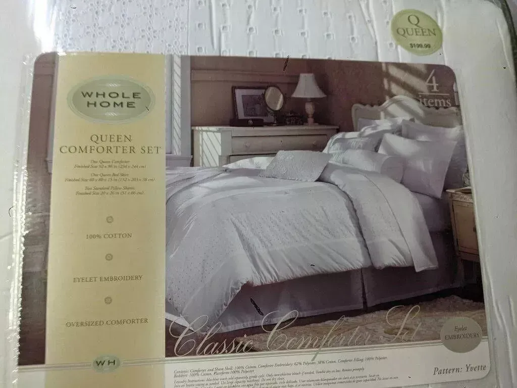 Whole Home QUEEN Comforter Set White 4 piece eyelet embroidery oversize cotton