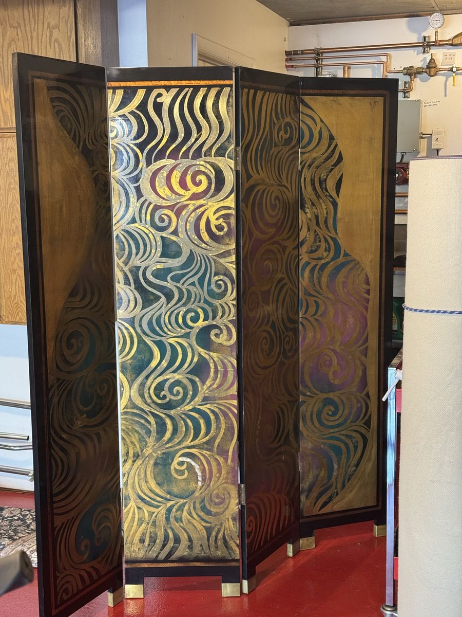 Decorative 4-Panel Room Divider Screen - Gold & Teal Swirls, Mid-Century Style