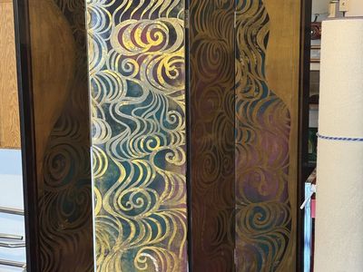 Decorative 4-Panel Room Divider Screen - Gold & Teal Swirls, Mid-Century Style