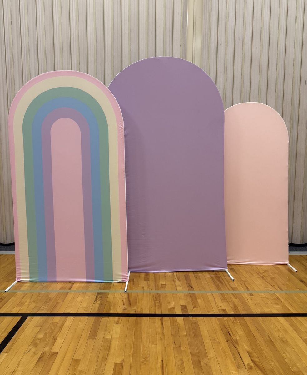 Set of 3 Arch Backdrop Stands with Fabric Covers - Rainbow, Lavender, Peach
