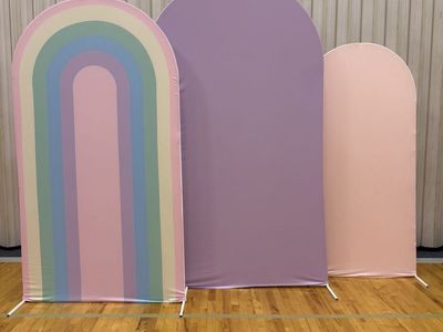 Set of 3 Arch Backdrop Stands with Fabric Covers - Rainbow, Lavender, Peach