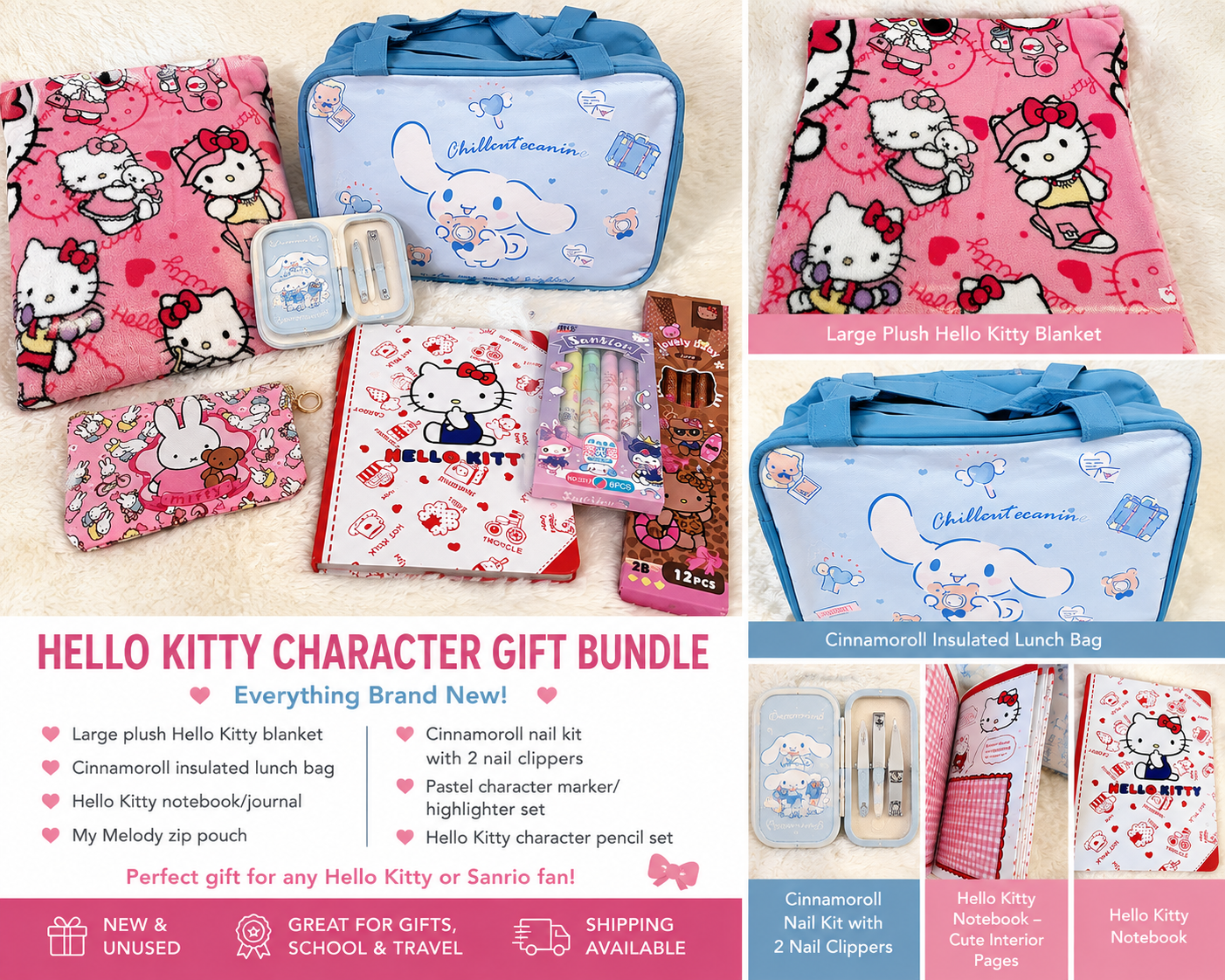 New Hello Kitty Character Gift Bundle Blanket, Lunch Bag, Notebook & More
