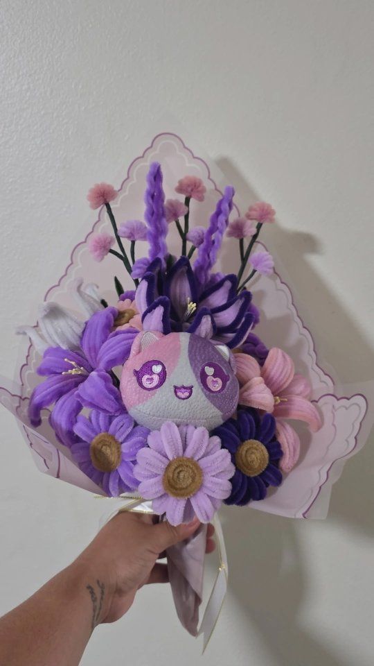 Handmade Pipe Cleaner Flower Bouquet with Plush Cat - Purple & Pink Floral Arrangement
