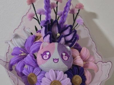 Handmade Pipe Cleaner Flower Bouquet with Plush Cat - Purple & Pink Floral Arrangement