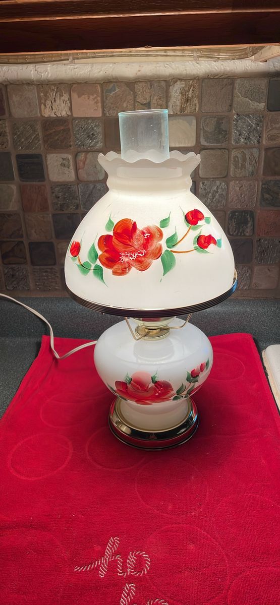 Vintage Hand-Painted Floral White Milk Glass Hurricane Lamp with Ruffled Shade