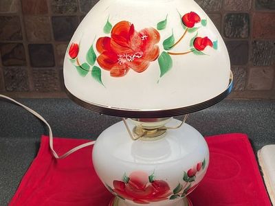 Vintage Hand-Painted Floral White Milk Glass Hurricane Lamp with Ruffled Shade