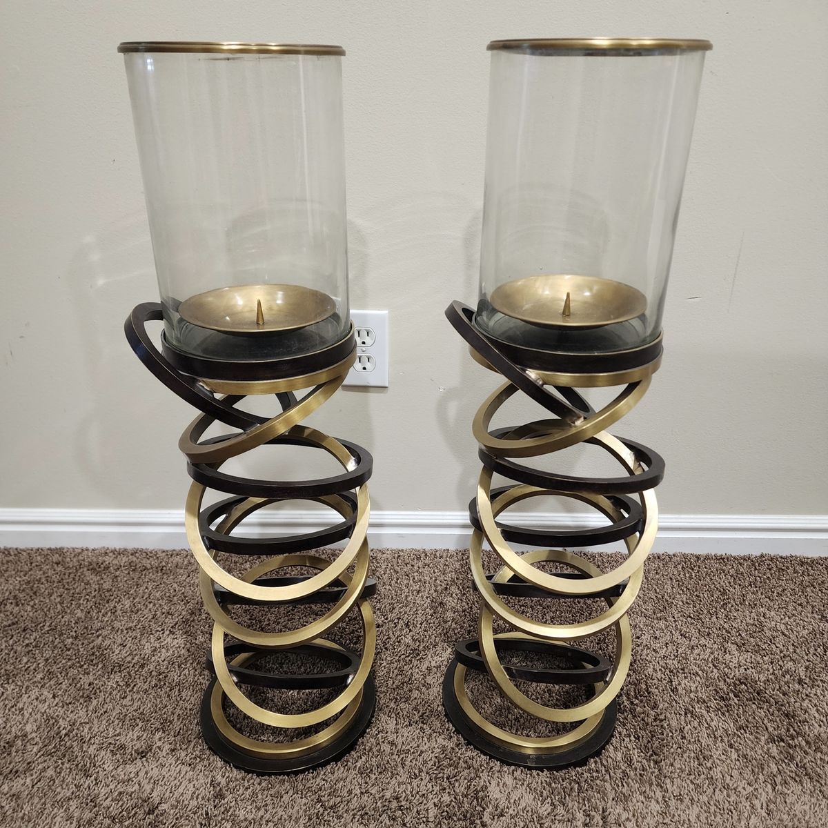 PAIR OF MAITLAND SMITH VINTAGE BRASS & METAL MCM MODERN STYLE HURRICANE CANDLE HOLDERS ANTHROPOLIGIE VIBES
