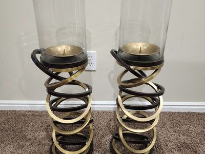 PAIR OF MAITLAND SMITH VINTAGE BRASS & METAL MCM MODERN STYLE HURRICANE CANDLE HOLDERS ANTHROPOLIGIE VIBES