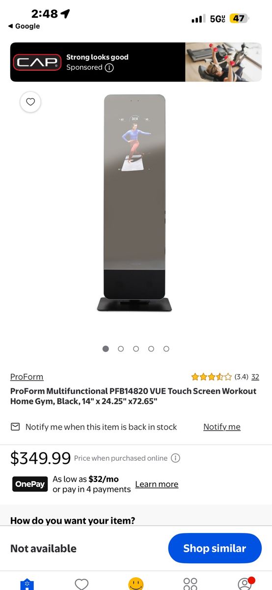ProForm PFB14820 VUE Touch Screen Workout Home Gym - Smart Fitness Mirror