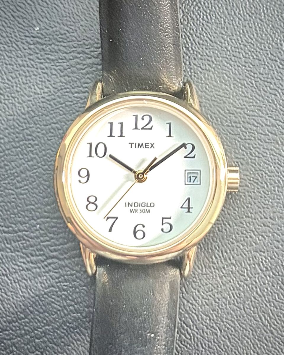 Timex Vintage Indiglo Quartz Gold Tone White Dial Date WR30M Black Leather Strap