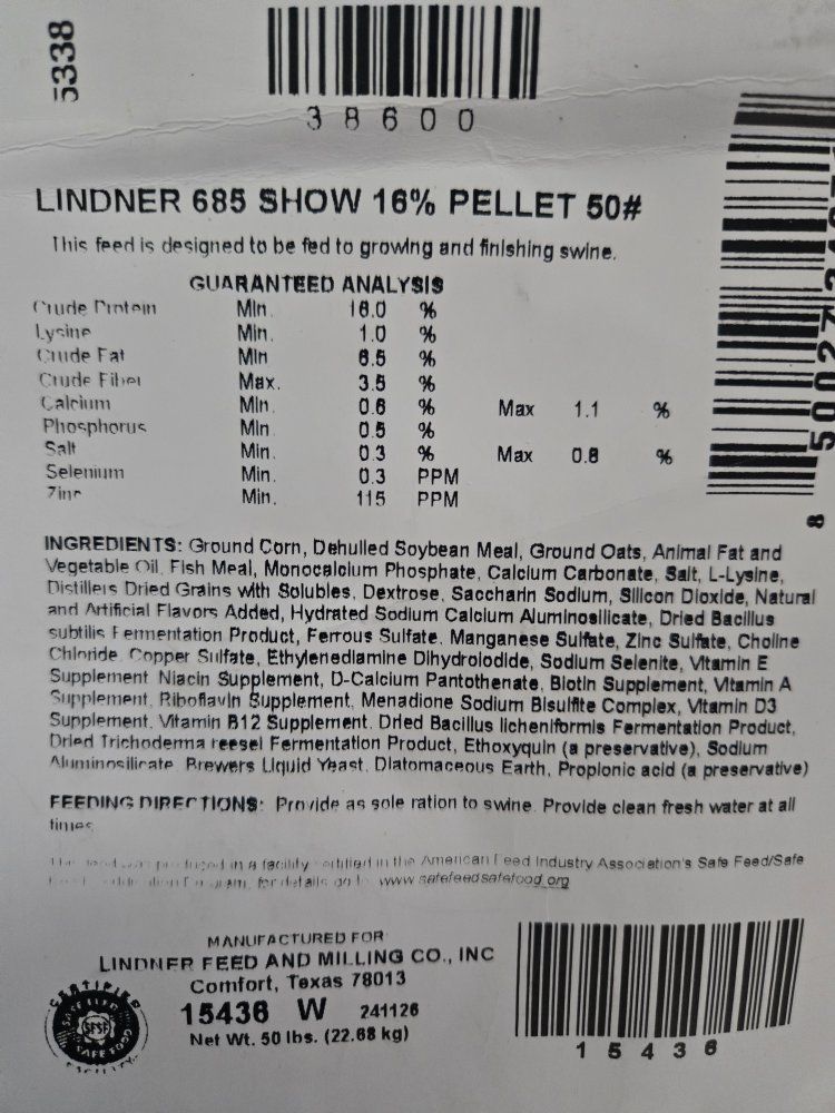 Lindner 685 Show 16% Pellet 50lb Swine Feed - Growing & Finishing