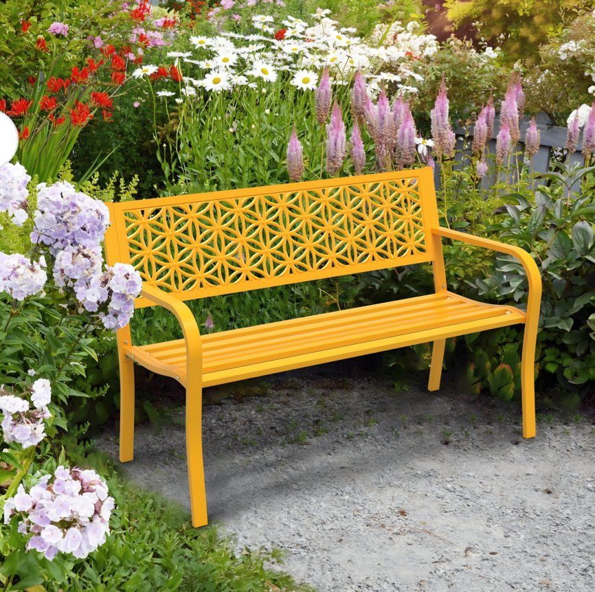 Outdoor Metal Garden Bench, Yellow, Decorative Backrest, 50" Wide, Seats 2-3