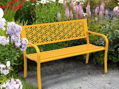 Outdoor Metal Garden Bench, Yellow, Decorative Backrest, 50" Wide, Seats 2-3