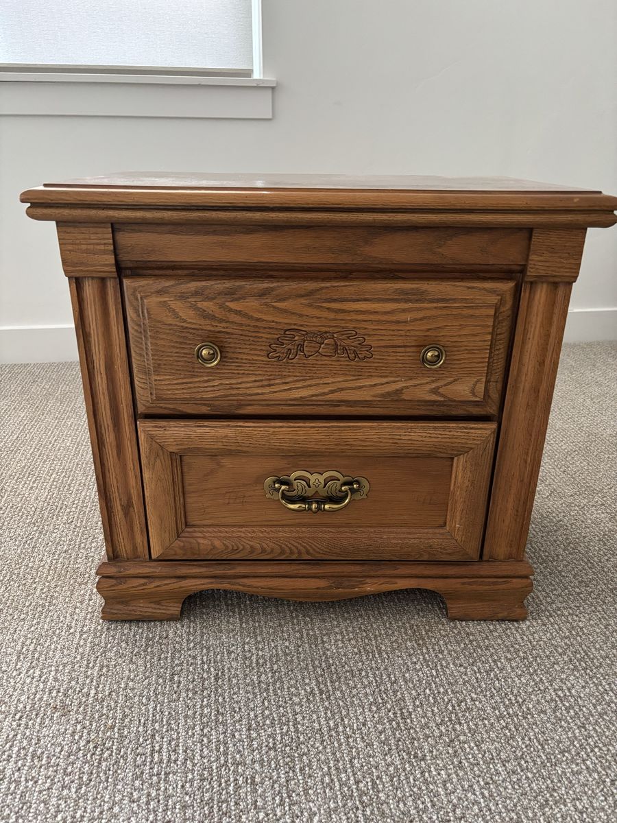 Vintage Solid Oak Bedroom Furniture Set - Tallboy Dresser Chest & 2-Drawer Nightstand