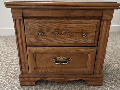 Vintage Solid Oak Bedroom Furniture Set - Tallboy Dresser Chest & 2-Drawer Nightstand