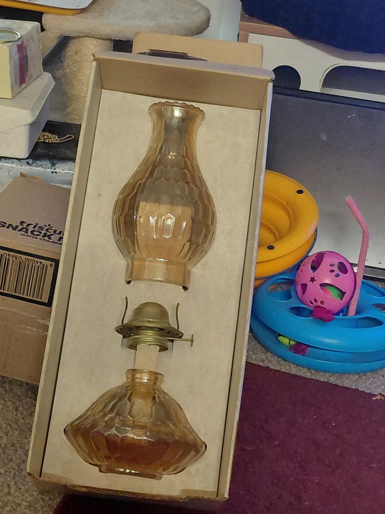 Jeannette Glass Honeycomb Kerosene Oil Lamp - Amber Carnival Glass, Complete with Box