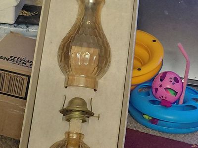 Jeannette Glass Honeycomb Kerosene Oil Lamp - Amber Carnival Glass, Complete with Box