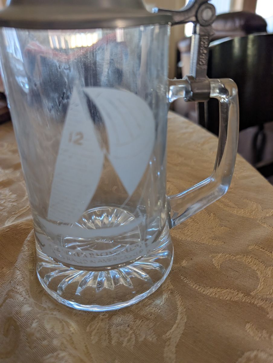 Vintage Old Spice Glass Beer Stein with Pewter Lid Etched Sailboat America's Cup