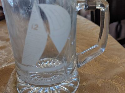 Vintage Old Spice Glass Beer Stein with Pewter Lid Etched Sailboat America's Cup