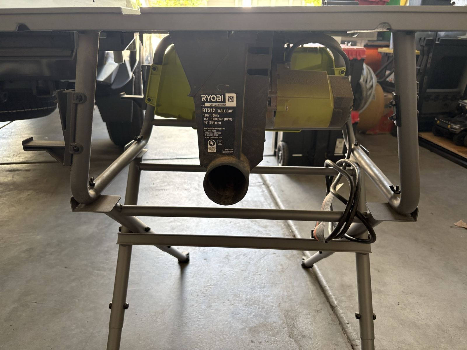 Ryobi RTS12 10-Inch 15-Amp Portable Table Saw with stand.