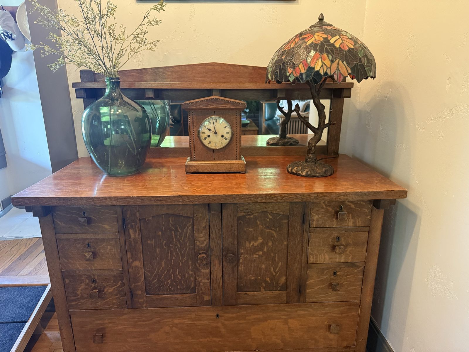 Antique Arts and Crafts Tiger Oak Sideboard Buffet with Mirror Backsplash