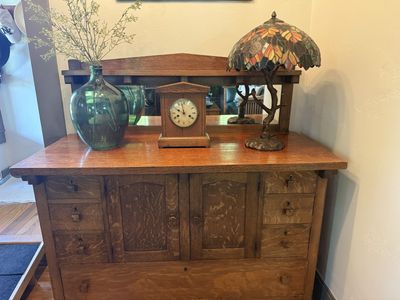 Antique Arts and Crafts Tiger Oak Sideboard Buffet with Mirror Backsplash
