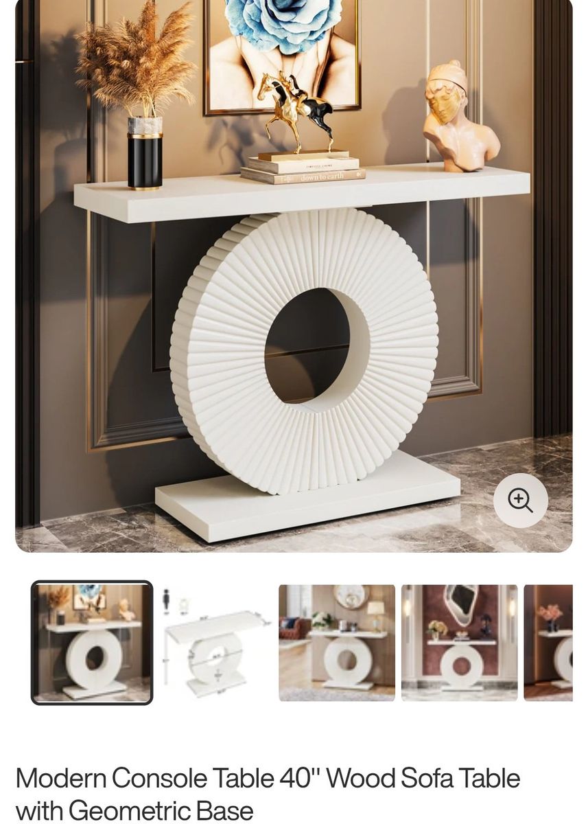 New! Modern 40" Wood Console Sofa Table with Unique Geometric Base - White