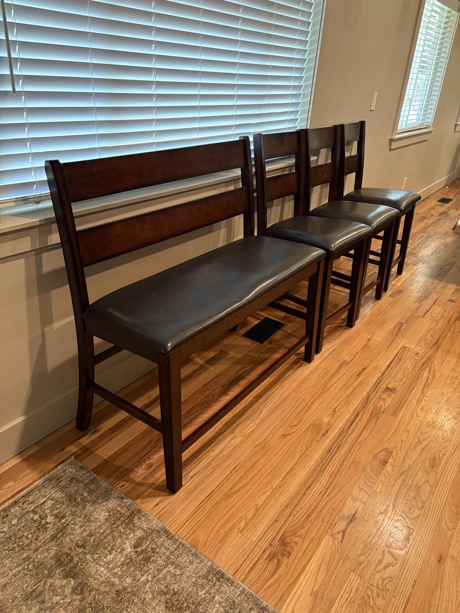 Wooden Counter Height Dining Bench and 3 Matching Bar Chairs Set