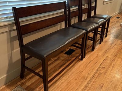 Wooden Counter Height Dining Bench and 3 Matching Bar Chairs Set