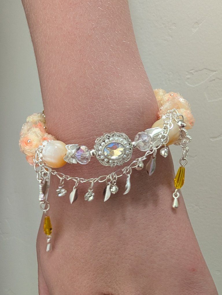 Handmade Peach Floral Beaded Charm Bracelet with Adjustable Chain