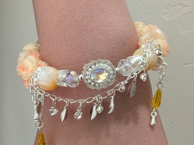 Handmade Peach Floral Beaded Charm Bracelet with Adjustable Chain