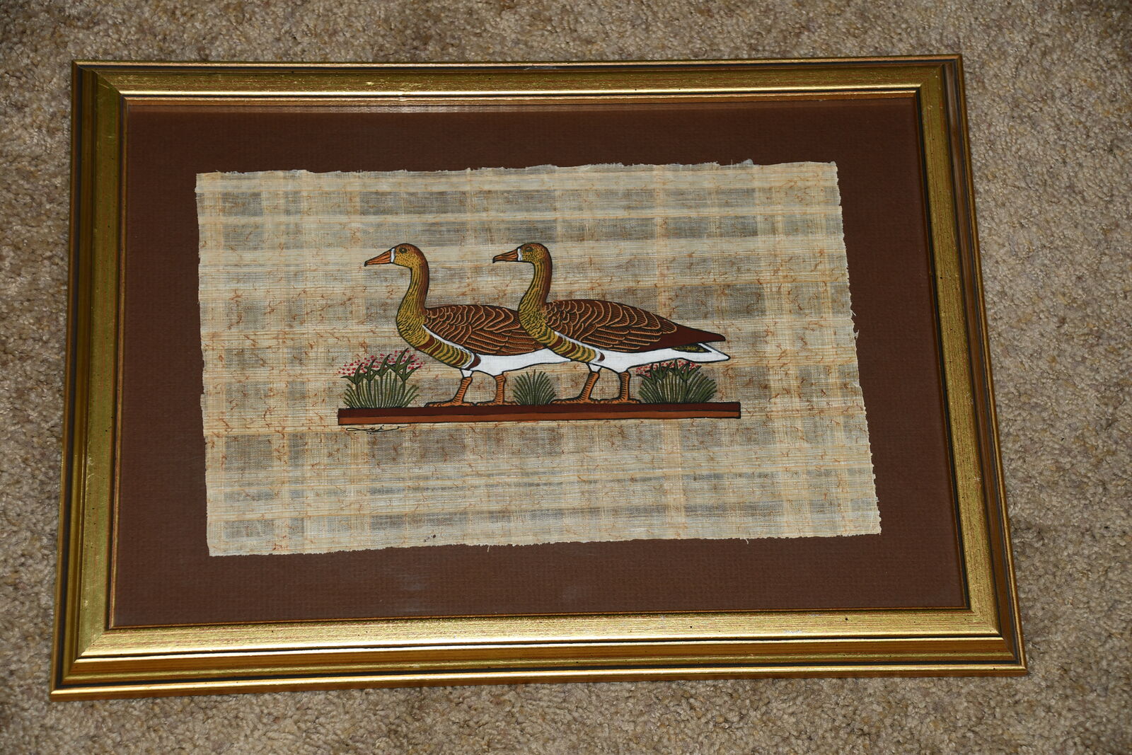 EGYPTAIN PAPYRUS ARTWORK PICTURE ~ 2 GEESE ~ 12" x 16" FRAMED