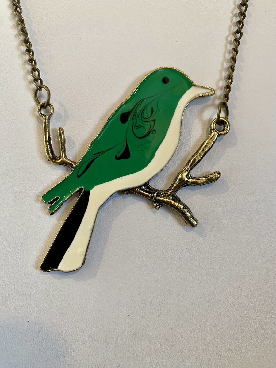 NEW - Beautiful Green-Cream-Black Bird On A Branch Long Necklace In Enamel- See Photos