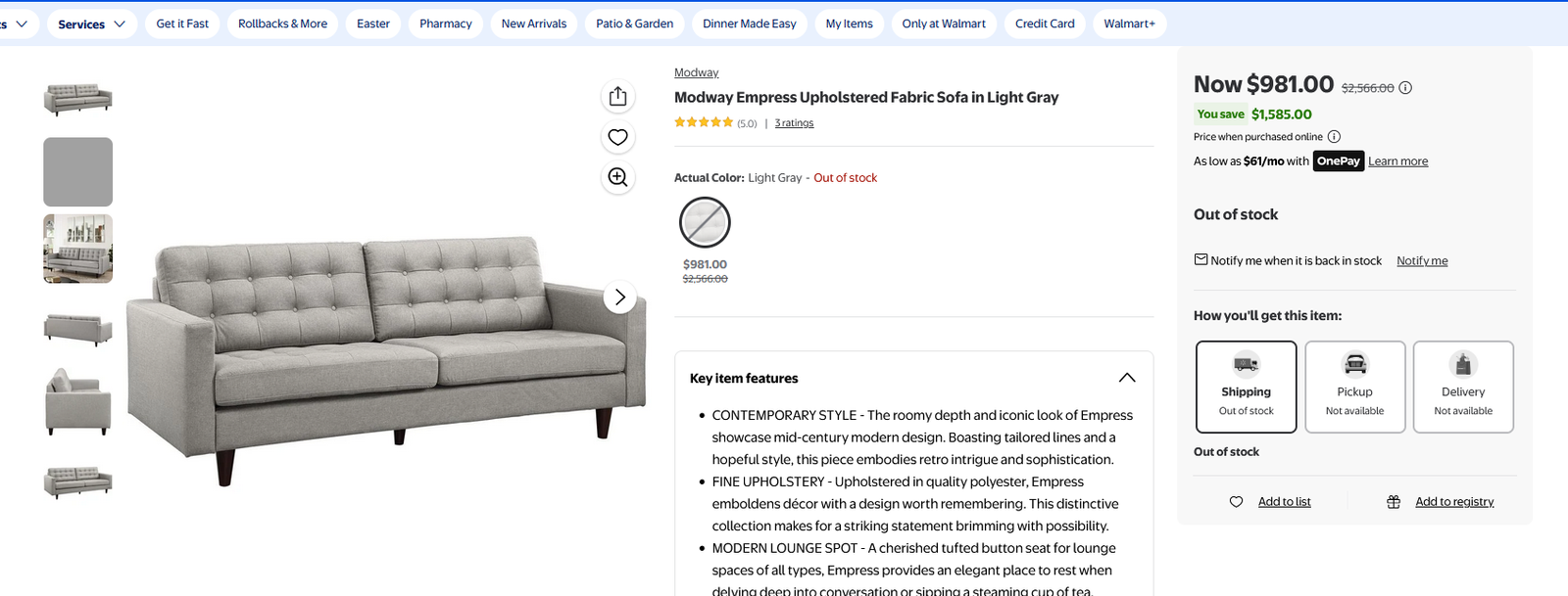 Upholstered Fabric Sofa in Light Gray