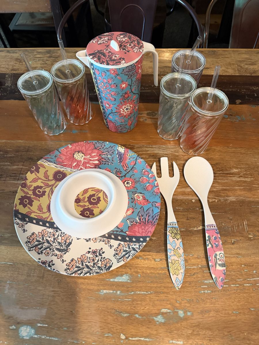 Anthropologie Floral Patio Dining Set: Pitcher, Plate, 5 Tumblers & Serving Utensils