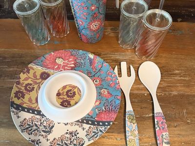Anthropologie Floral Patio Dining Set: Pitcher, Plate, 5 Tumblers & Serving Utensils