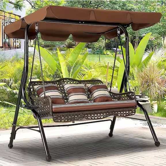 New - Aecojoy Brown 3-Person Wicker Outdoor Patio Swing w/ Cushions & Pillows