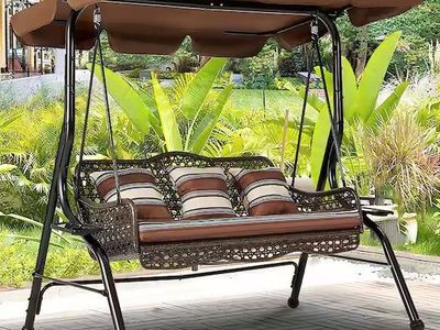 New - Aecojoy Brown 3-Person Wicker Outdoor Patio Swing w/ Cushions & Pillows