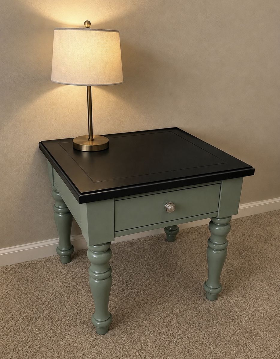 Sage Green and Black Wooden End Table with Drawer