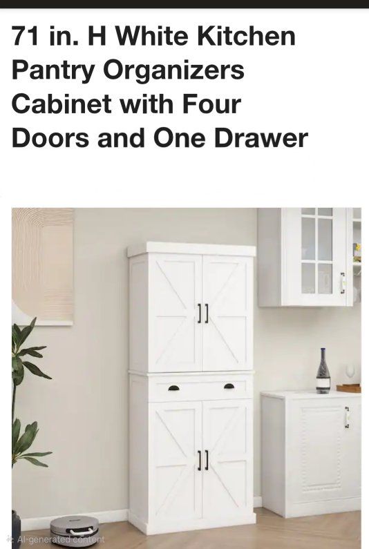Farmhouse-style pantry storage cabinet, model SNG093W, featuring four doors and one central drawer