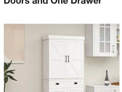 Farmhouse-style pantry storage cabinet, model SNG093W, featuring four doors and one central drawer