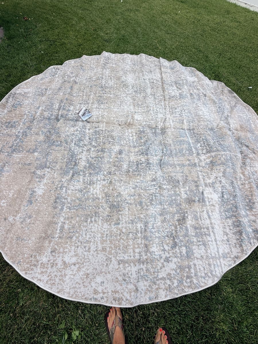 New. 10’ Large Round Area Rug Neutral Beige Blue Distressed Pattern