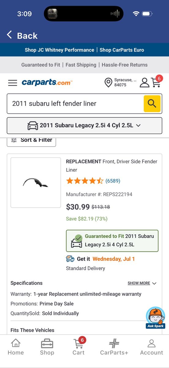 Replacement Front Driver Side Fender Liner for 2011 Subaru Legacy  REPS222194