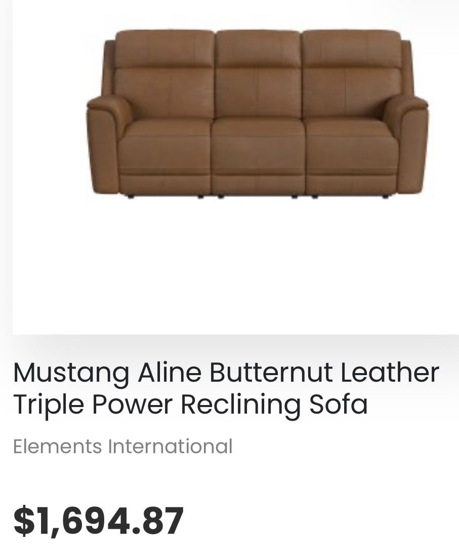 Elements International Mustang Aline Butternut Leather Triple Power Reclining Sofa