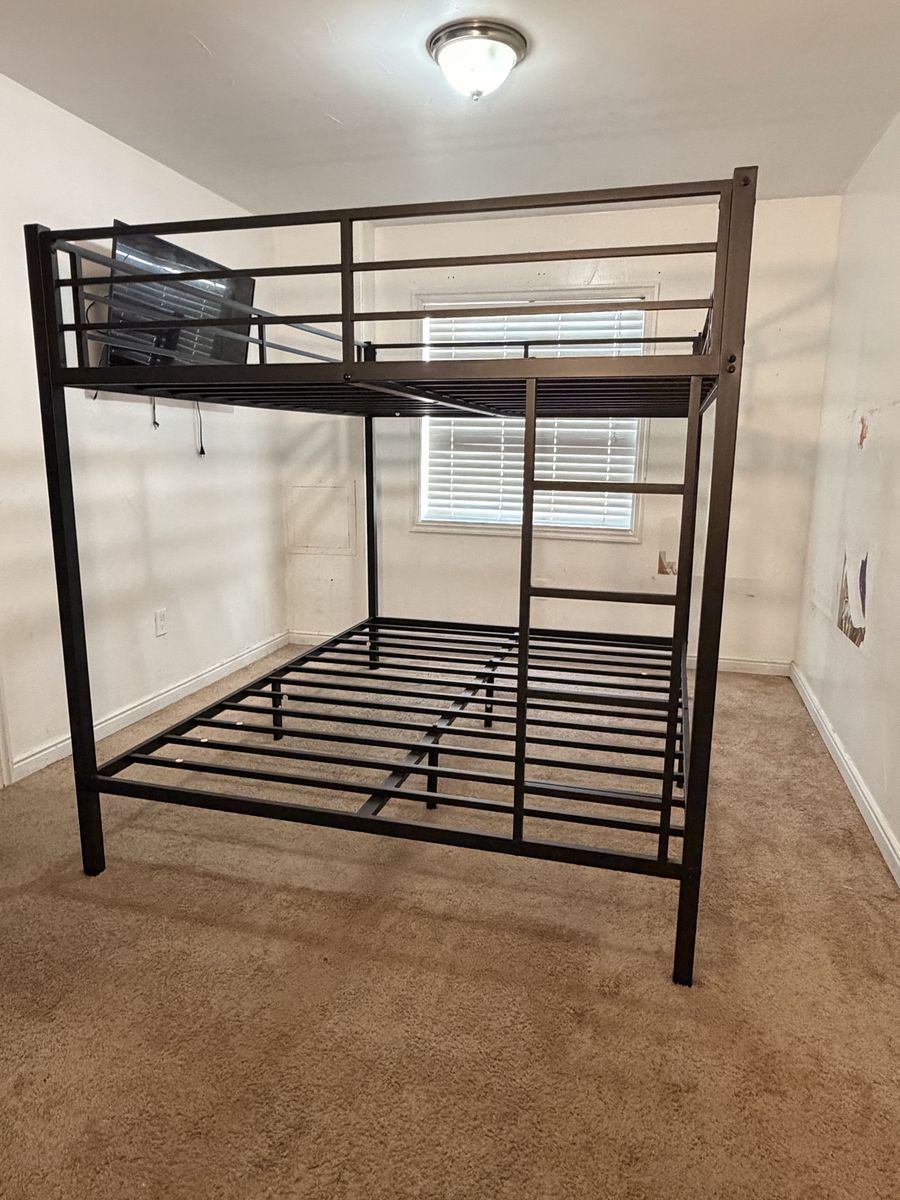 Black Metal Queen Over Queen Bunk Bed Frame with Ladder