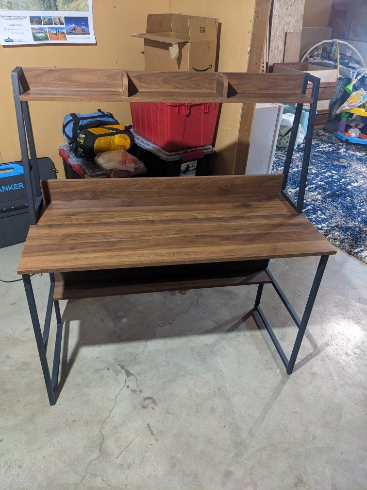Industrial Wood and Black Metal Computer Desk with Hutch and Shelves