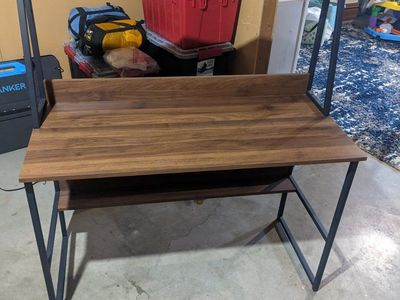 Industrial Wood and Black Metal Computer Desk with Hutch and Shelves