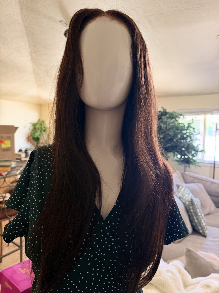 New. Luxurious Dark Brown Human Hair Wig - Long, Straight, Lace Front, Natural Part 26”